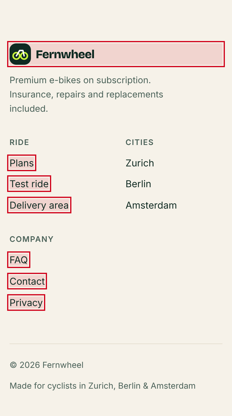 Exhibit A footer on a phone, with seven links outlined in red because they are under 44 pixels tall.