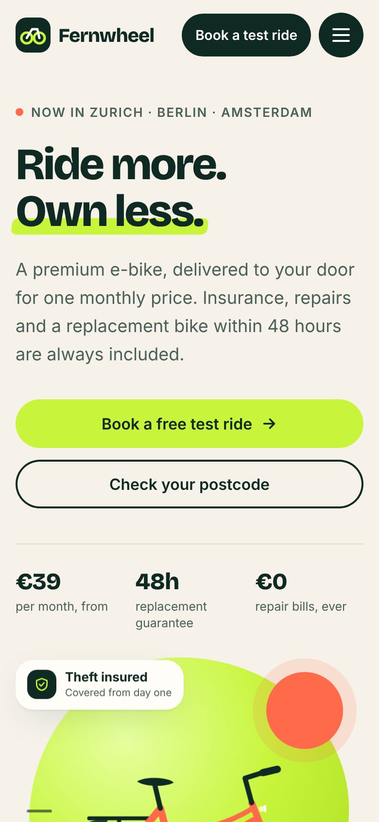 Exhibit A first phone screen: headline Ride more. Own less., a dark Book a test ride button, a dark round menu button and a lime Book a free test ride button.