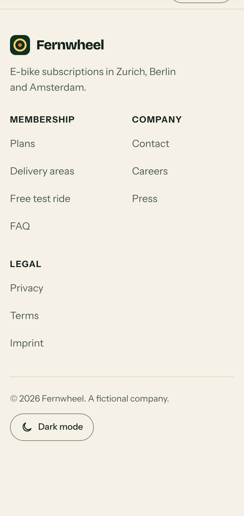 Exhibit B footer on a phone with evenly spaced links in 44 pixel rows and a Dark mode button.