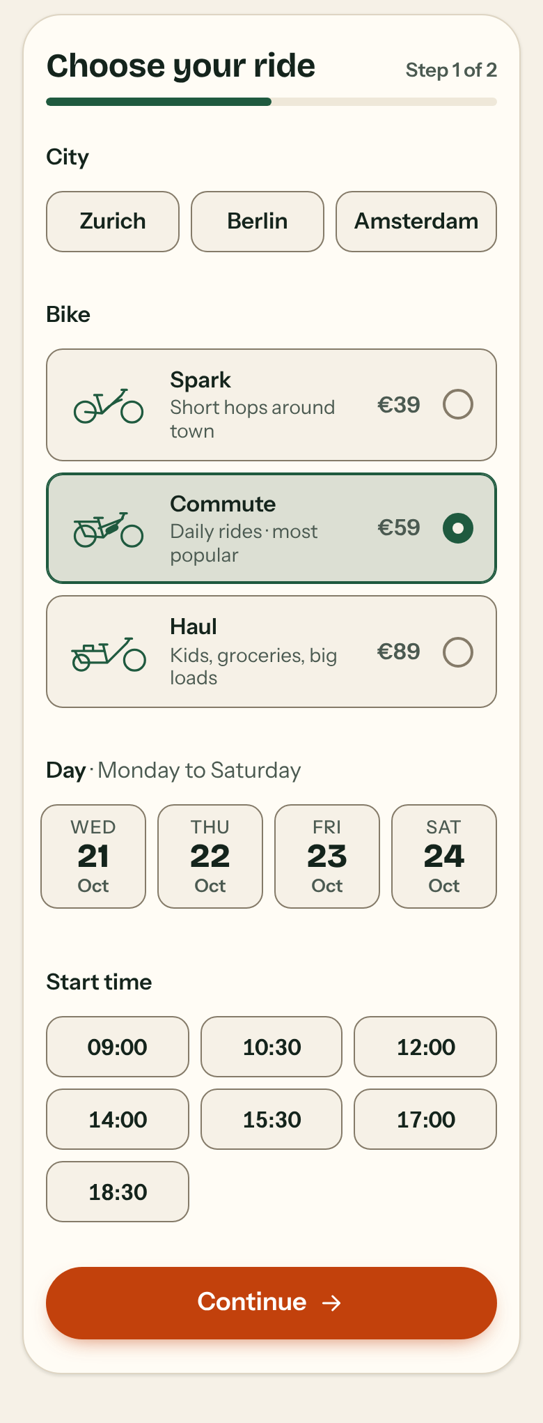 Exhibit B booking step 1 of 2 on a phone: progress bar, city chips, three bike cards with prices, day tiles, start time tiles and an orange Continue button.