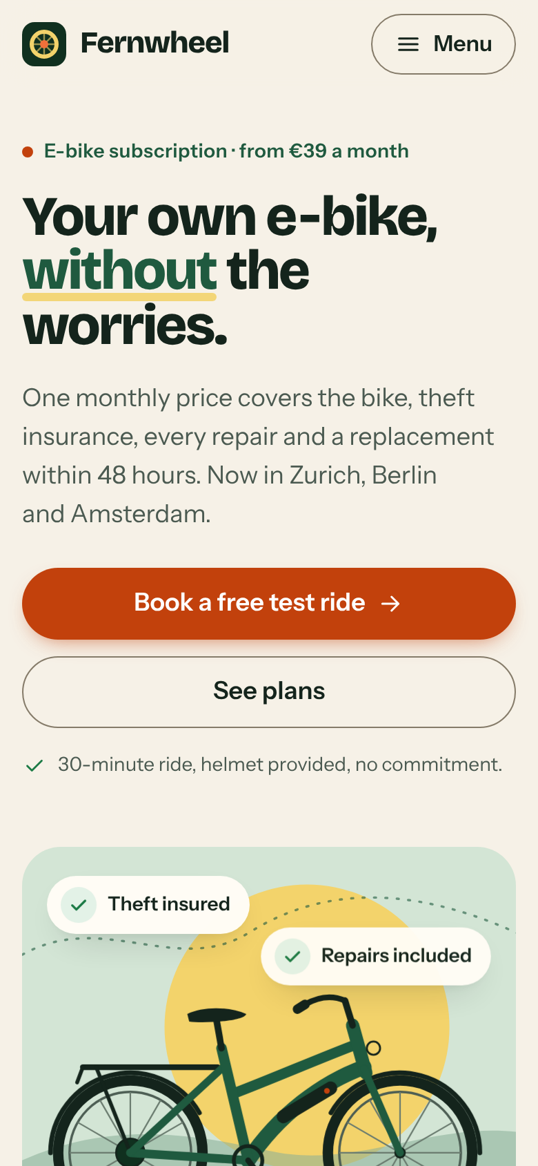 Exhibit B first phone screen: headline Your own e-bike, without the worries., one orange Book a free test ride button, an outlined See plans button and a labelled Menu button.