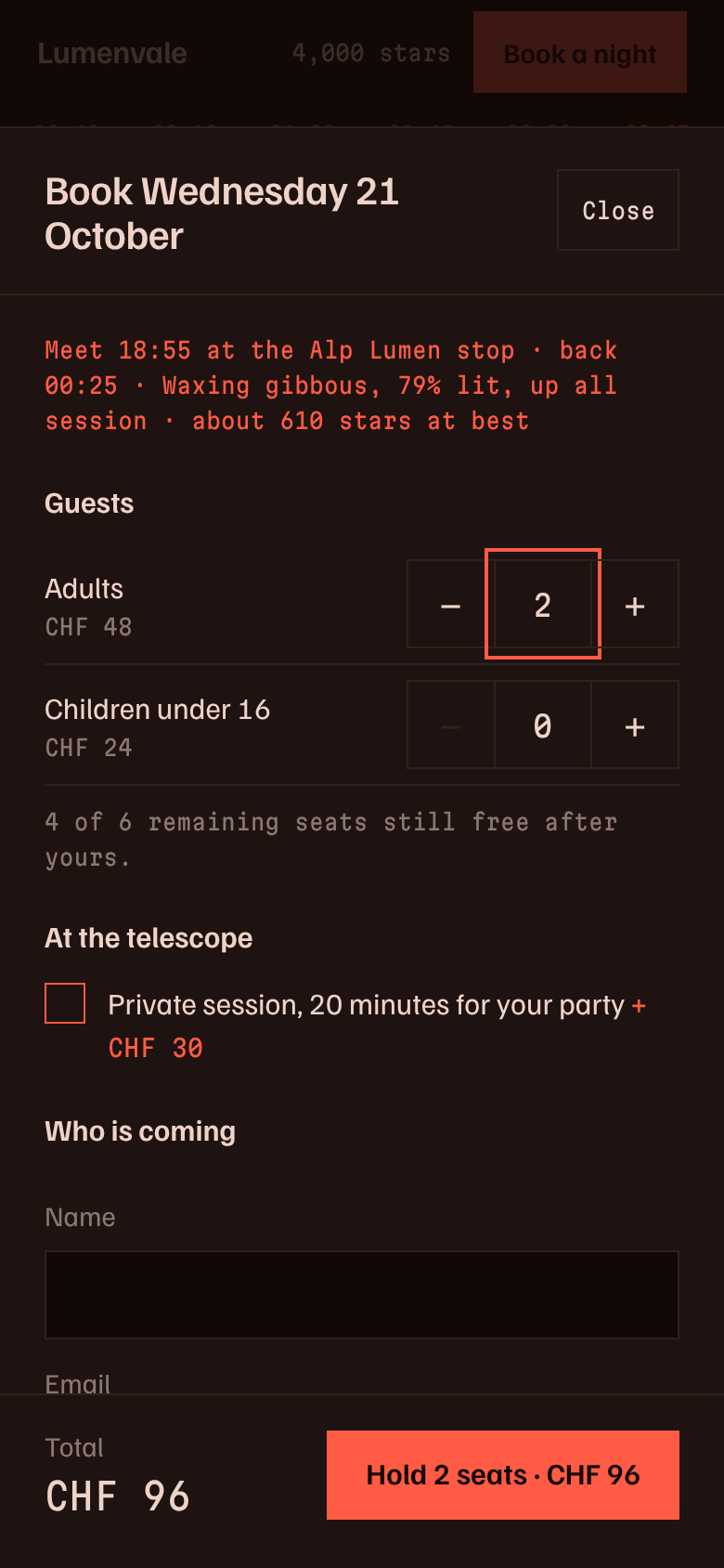 Exhibit A booking sheet on a phone: adults and children steppers, a private session checkbox, name field, and a footer with Total CHF 96 and a Hold 2 seats, CHF 96 button.
