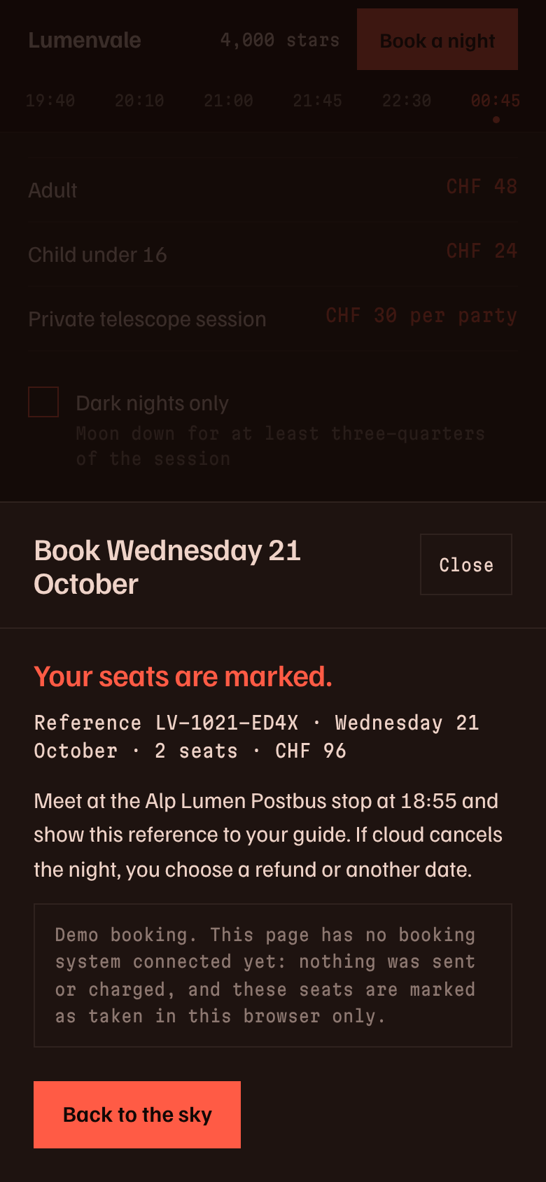 Exhibit A confirmation on a phone: Your seats are marked, a reference, meet at the Alp Lumen Postbus stop at 18:55, a cloud refund note and a demo booking notice.