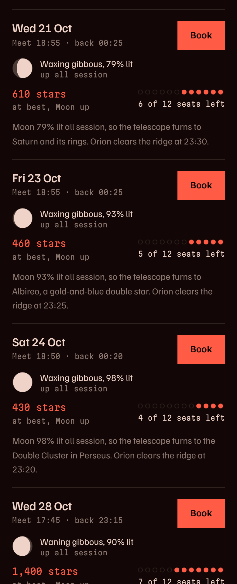 Exhibit A nights list on a phone: one night after another, each with its moon, star count, seats and a filled red Book button.