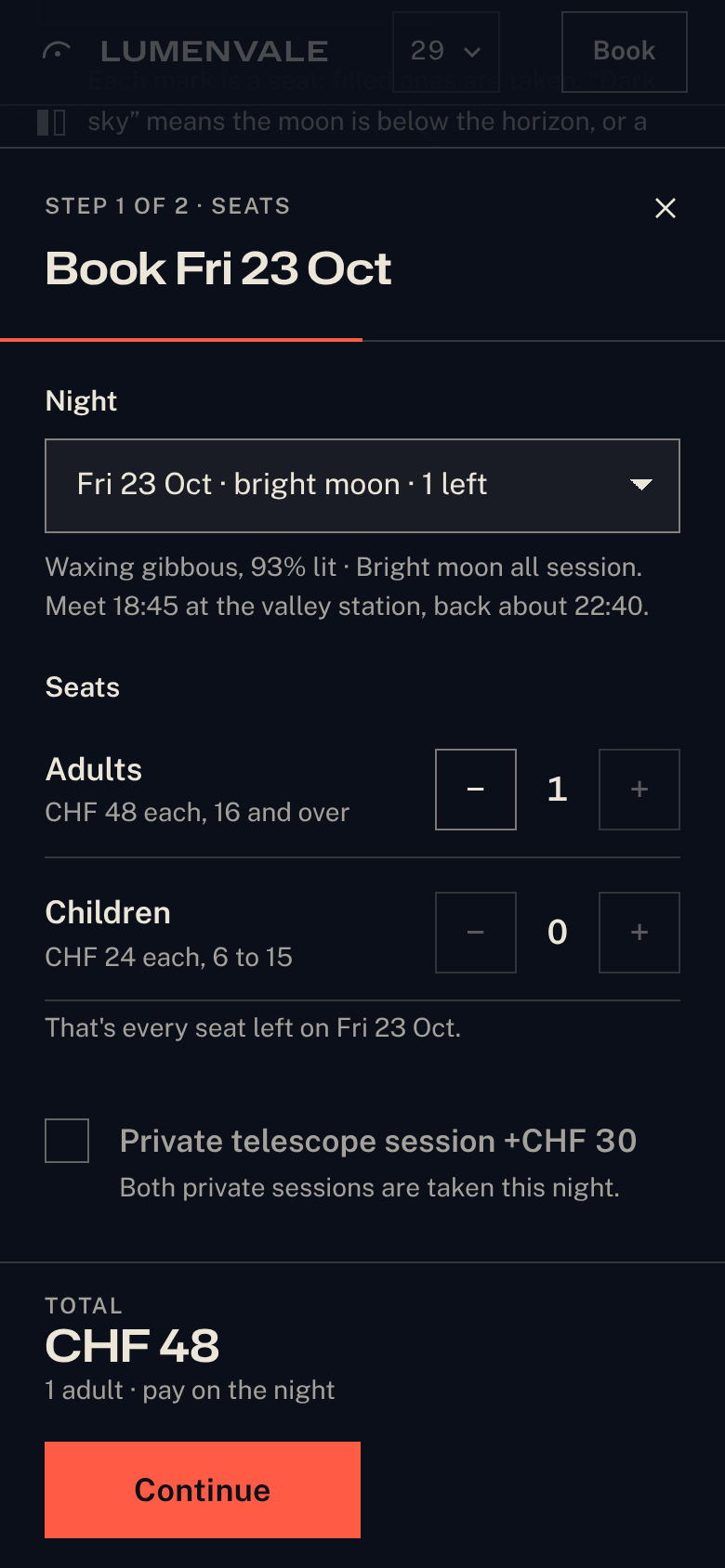 Exhibit B booking step 1 of 2 on a phone: night selector, adults and children steppers, a private session that is taken this night, and a footer reading Total CHF 96, 2 adults, pay on the night, with a Continue button.