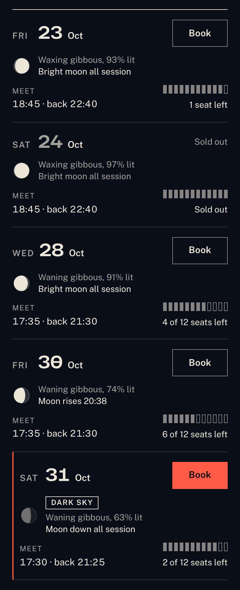 Exhibit B nights list on a phone: nights with outlined Book buttons, a sold-out night, and one filled Book button on the recommended dark-sky night.