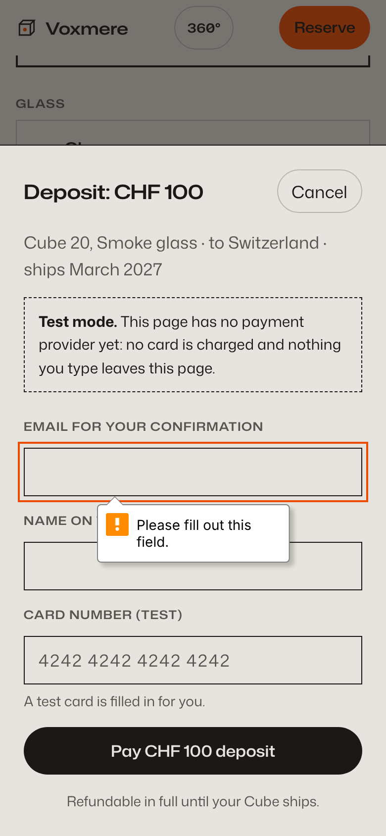 Exhibit A payment sheet on a phone after submitting it empty: Deposit CHF 100, a test-mode notice, an outlined email field with the browser bubble Please fill out this field, name field, a prefilled test card and a Pay CHF 100 deposit button.