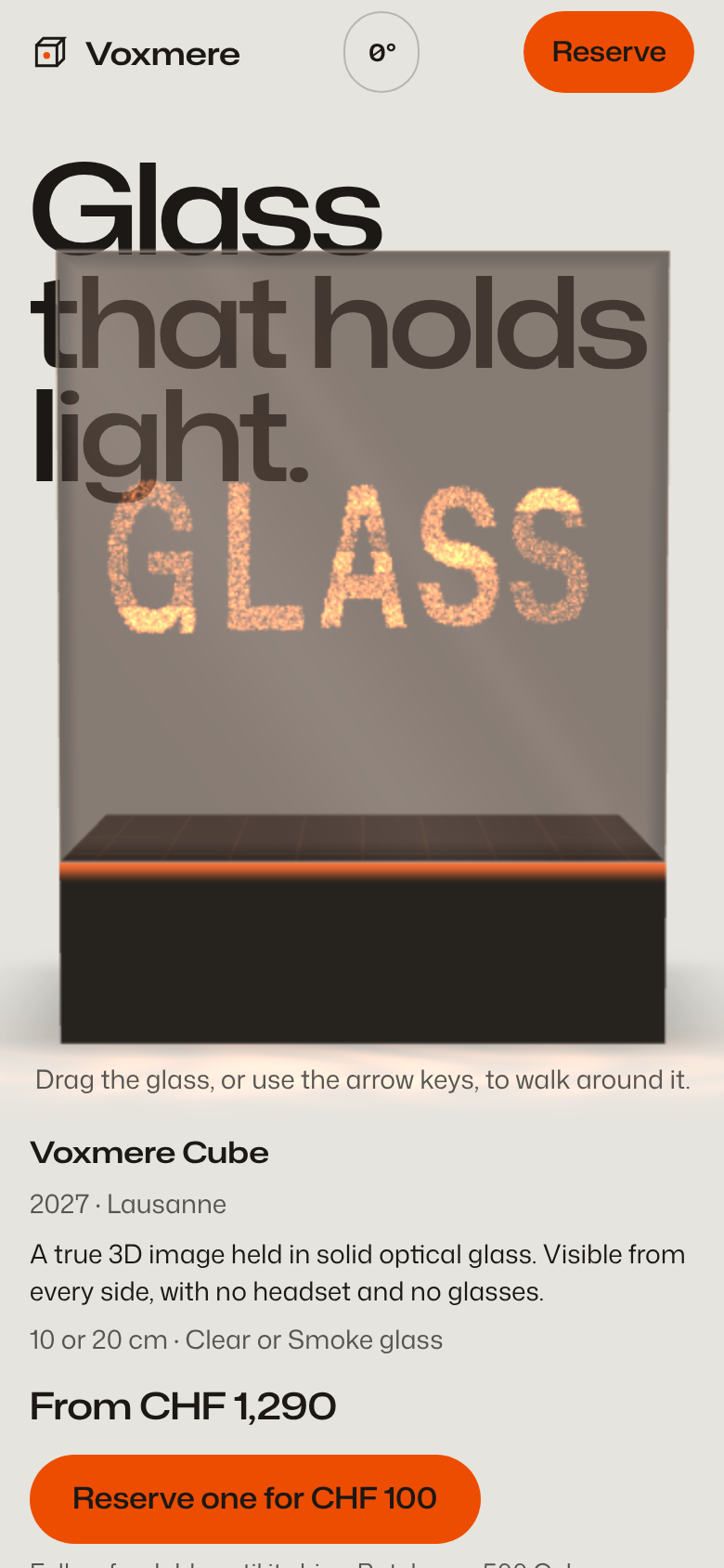 Exhibit A first phone screen: the headline Glass that holds light, with that holds light behind a smoked glass cube that reads GLASS in orange points, then the product label and a Reserve one for CHF 100 button.
