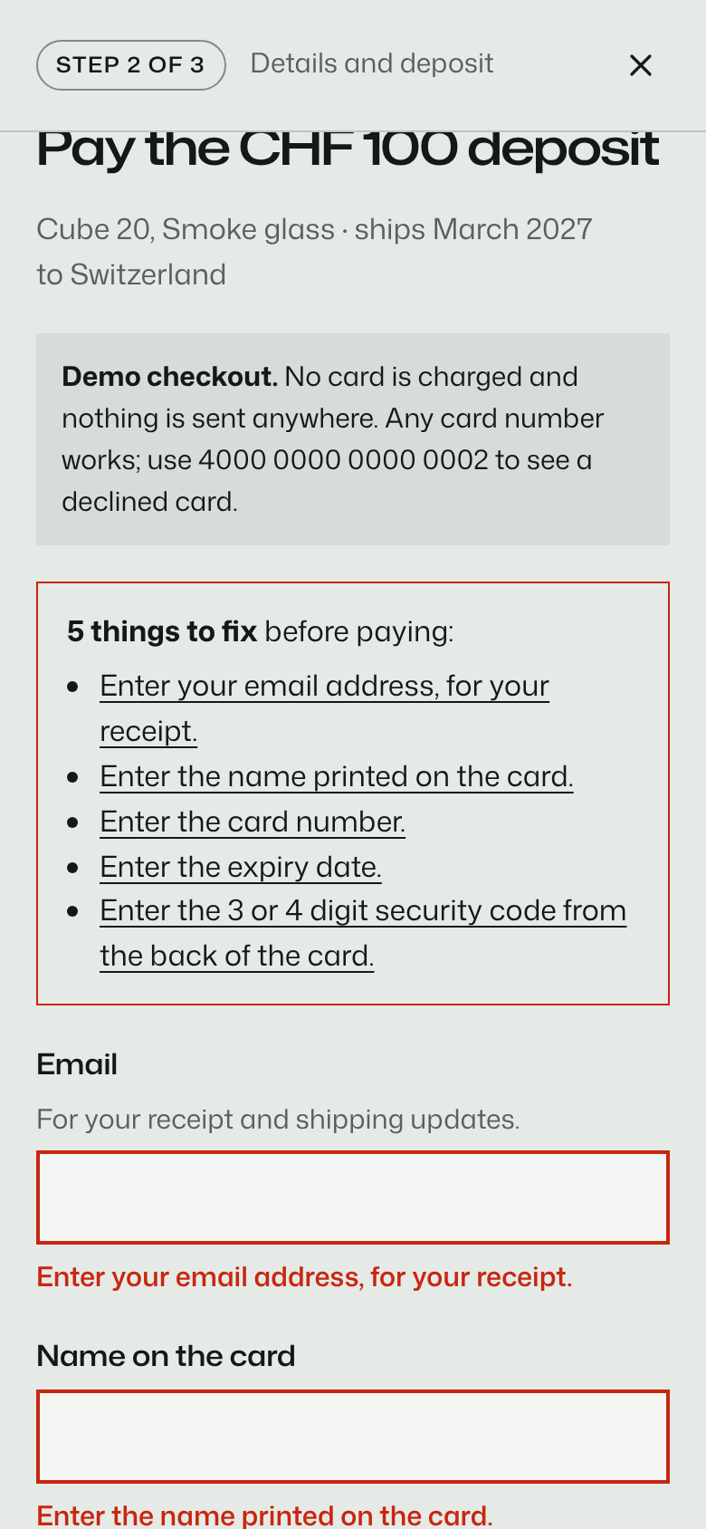 Exhibit B payment step 2 of 3 on a phone after submitting it empty: a demo checkout notice, a box reading 5 things to fix before paying with a linked list, and red messages under the email and name fields.