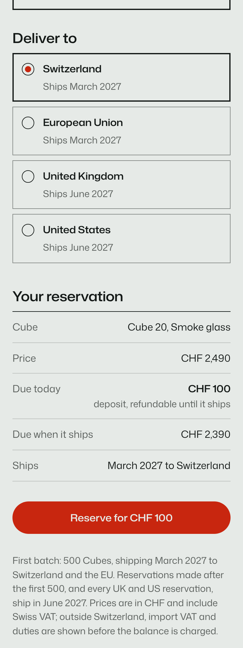 Exhibit B on a phone: Deliver to, with four options, Switzerland and European Union shipping March 2027, United Kingdom and United States shipping June 2027, then the reservation summary and the first-batch rule in plain words.